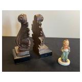 Goebel West Germany Porcelain Figurine - Boy with Curved White Sheet & Pair of Bookends