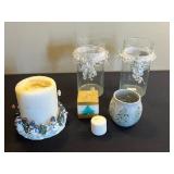 Snow Village Pillar Candle With Beaded Glass Hurricanes - Holiday Decor Set