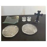 Decorative Cross Crucifix with Colored Gems, Glass Coasters & Candle Holders Set