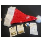 Sequined Santa Hat, 3 Teal Candle Holders, LaMode 9 Buttons Star Shapes (2 Packs)