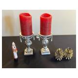 Pair of Ornate Crystal Candle Holders with Red Tapers, Gold Pinecones & Pilgrim Figurine