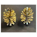 Pair of Ornate Crystal Candle Holders with Red Tapers, Gold Pinecones & Pilgrim Figurine