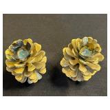 Pair of Ornate Crystal Candle Holders with Red Tapers, Gold Pinecones & Pilgrim Figurine