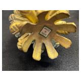 Pair of Ornate Crystal Candle Holders with Red Tapers, Gold Pinecones & Pilgrim Figurine