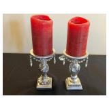 Pair of Ornate Crystal Candle Holders with Red Tapers, Gold Pinecones & Pilgrim Figurine