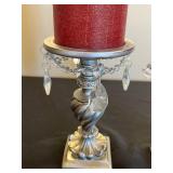 Pair of Ornate Crystal Candle Holders with Red Tapers, Gold Pinecones & Pilgrim Figurine