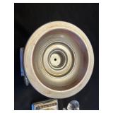 Pair of Ornate Crystal Candle Holders with Red Tapers, Gold Pinecones & Pilgrim Figurine