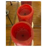 Pair of Ornate Crystal Candle Holders with Red Tapers, Gold Pinecones & Pilgrim Figurine