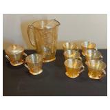 Amber Iridescent "Jeannette" Depression Glass Tea Set with Floral Engraving - Pitcher, Covered Sugar Bowl, Teacups