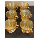 Amber Iridescent "Jeannette" Depression Glass Tea Set with Floral Engraving - Pitcher, Covered Sugar Bowl, Teacups