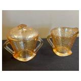Amber Iridescent "Jeannette" Depression Glass Tea Set with Floral Engraving - Pitcher, Covered Sugar Bowl, Teacups