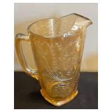 Amber Iridescent "Jeannette" Depression Glass Tea Set with Floral Engraving - Pitcher, Covered Sugar Bowl, Teacups