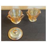 Amber Iridescent "Jeannette" Depression Glass Tea Set with Floral Engraving - Pitcher, Covered Sugar Bowl, Teacups