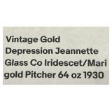 Amber Iridescent "Jeannette" Depression Glass Tea Set with Floral Engraving - Pitcher, Covered Sugar Bowl, Teacups