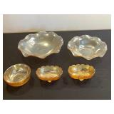 Amber Iridescent "Jeannette" Depression Glass Misc Serving Pieces - Leaf & Floral Engraving, Footed & Clear