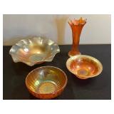 Orange Carnival Glass 3-Piece Set: Tall Vase, Ruffled Bowl (Iridescent Iris), Bowl & Compote