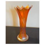 Orange Carnival Glass 3-Piece Set: Tall Vase, Ruffled Bowl (Iridescent Iris), Bowl & Compote