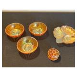 Amber Carnival Glass - Leaf 3 Section Dish & 3 Sunburst Bowls & Flower Frog