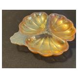 Amber Carnival Glass - Leaf 3 Section Dish & 3 Sunburst Bowls & Flower Frog