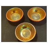 Amber Carnival Glass - Leaf 3 Section Dish & 3 Sunburst Bowls & Flower Frog