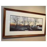 Framed Landscape Painting - Winter Scene With Bare Trees & Stone House, 48x24 in