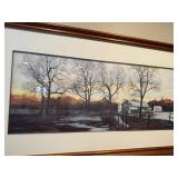 Framed Landscape Painting - Winter Scene With Bare Trees & Stone House, 48x24 in