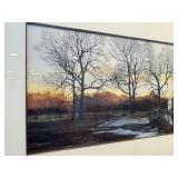Framed Landscape Painting - Winter Scene With Bare Trees & Stone House, 48x24 in