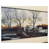 Framed Landscape Painting - Winter Scene With Bare Trees & Stone House, 48x24 in