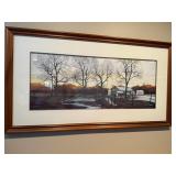 Framed Landscape Painting - Winter Scene With Bare Trees & Stone House, 48x24 in