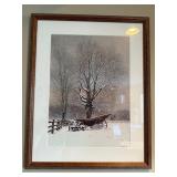Winter Landscape Print - Snowy Tree & Wagon, Framed in Wood Frame