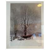 Winter Landscape Print - Snowy Tree & Wagon, Framed in Wood Frame