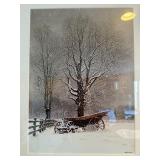 Winter Landscape Print - Snowy Tree & Wagon, Framed in Wood Frame