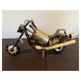 Scrap Metal Motorcycle Sculpture - Handmade Industrial Art on Wood Base