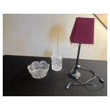 Crystal Glass Bowl, Lidded Crystal Jar & Pink Shade Table Lamp