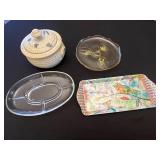 Oval Divided Glass Serving Dish - Speckled Lidded Jar - Painted Tray - Glass Covered Dish