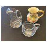 Chardonnay Ceramic Pitcher Made in China with Grapevine Motif & 2 Glass Pitchers (Lot of 3)