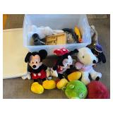 Two Kubota L5030 Toy Tractors with Disney Plush Toys & Wooden Blocks in Sterilite Tote