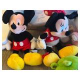 Two Kubota L5030 Toy Tractors with Disney Plush Toys & Wooden Blocks in Sterilite Tote