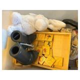 Two Kubota L5030 Toy Tractors with Disney Plush Toys & Wooden Blocks in Sterilite Tote