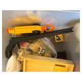 Two Kubota L5030 Toy Tractors with Disney Plush Toys & Wooden Blocks in Sterilite Tote