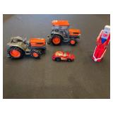 Two Kubota L5030 Toy Tractors with Disney Plush Toys & Wooden Blocks in Sterilite Tote