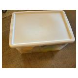 Two Kubota L5030 Toy Tractors with Disney Plush Toys & Wooden Blocks in Sterilite Tote