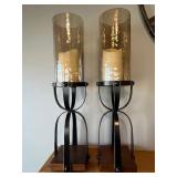 Pair of Hurricane Candle Holders - Glass Cylinders on Black Iron Stands