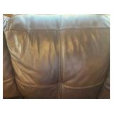 Brown Leather Sofa - 3-Seater with Floral Throw Pillows