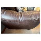 Brown Leather Sofa - 3-Seater with Floral Throw Pillows
