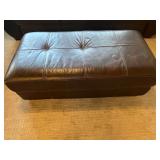 Brown Leather Ottoman - Patchwork Top, 46"W x 23"D x 16"H, Wood Block Legs