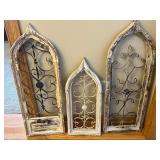 Decorative Arched Window Panels - Iron Scrollwork, Distressed Whitewash (Lot of 3) w Stands