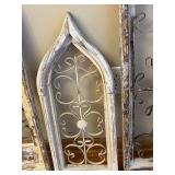Decorative Arched Window Panels - Iron Scrollwork, Distressed Whitewash (Lot of 3) w Stands