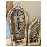 Decorative Arched Window Panels - Iron Scrollwork, Distressed Whitewash (Lot of 3) w Stands