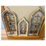 Decorative Arched Window Panels - Iron Scrollwork, Distressed Whitewash (Lot of 3) w Stands
